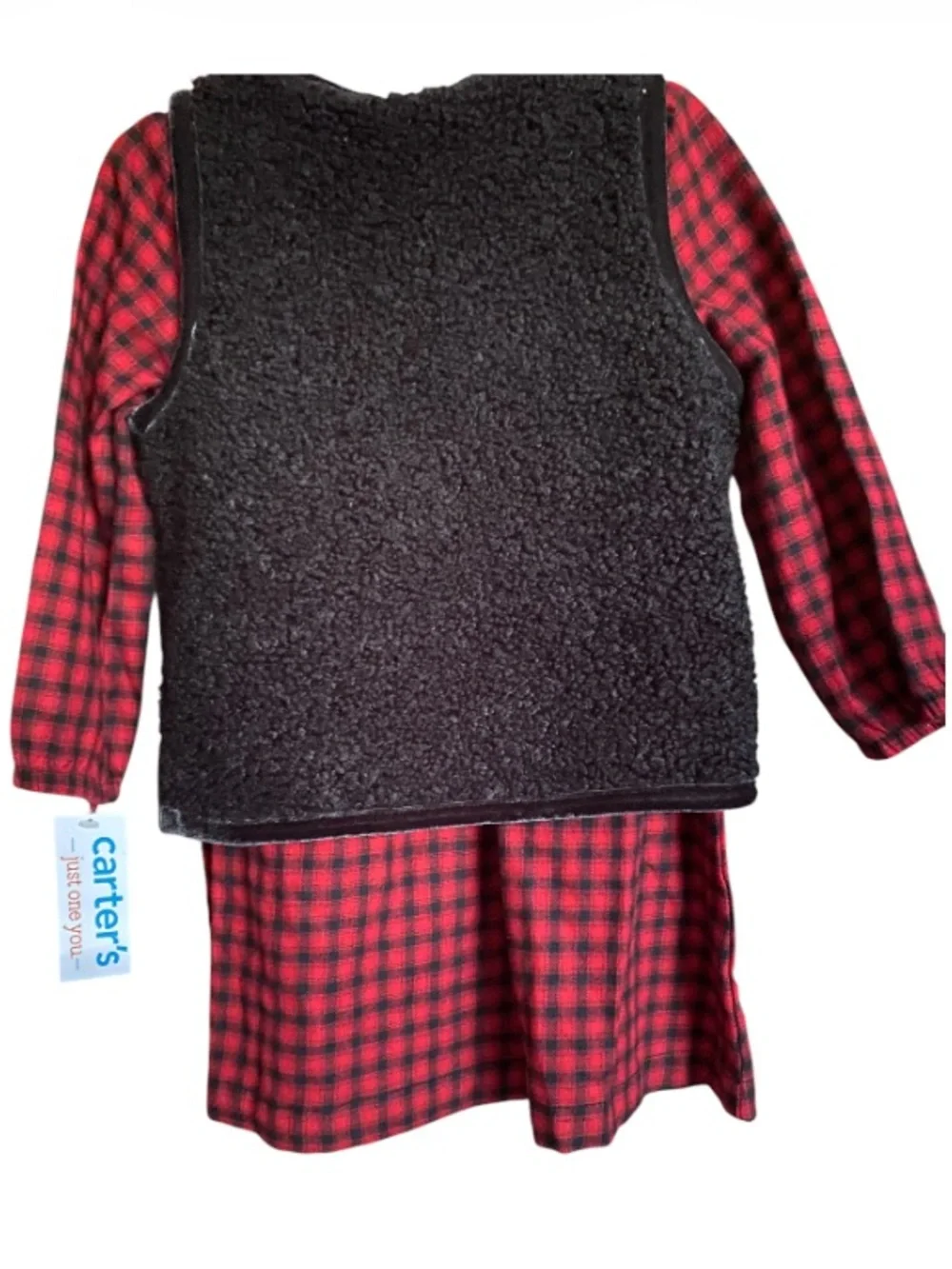 Carter’s Red and Black Girls' Plaid Dress with Black Sherpa Vest NWT Size 18mths